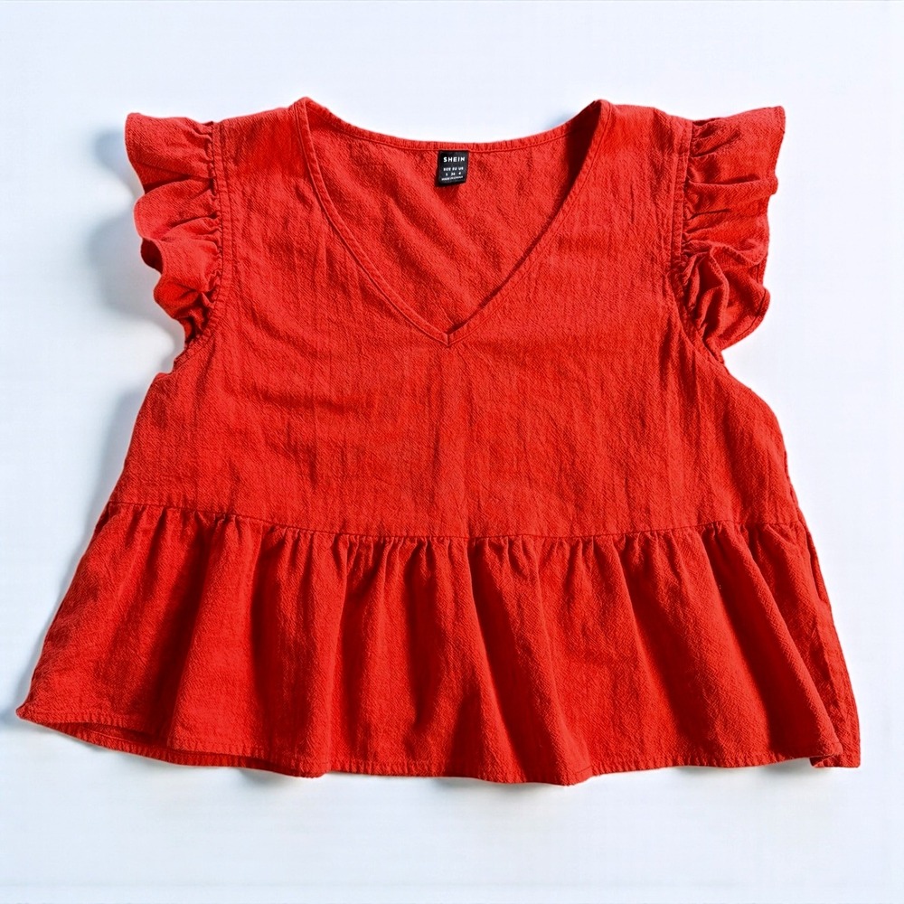 SHEIN‎ Red Ruffle Sleeve Peplum V Neck Top Women Size S - Picture 2 of 7